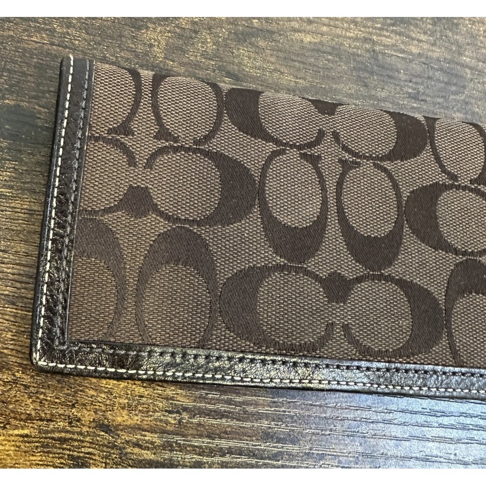 Coach Checkbook Cover Signature Brown Logo Jacquard Fabric Leather Trim Wallet - Picture 3 of 14